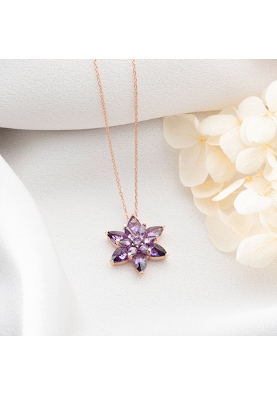 Vaoov 925 Ayar Gümüş Mor Taşlı Katmanlı Lotus Kolye Rose