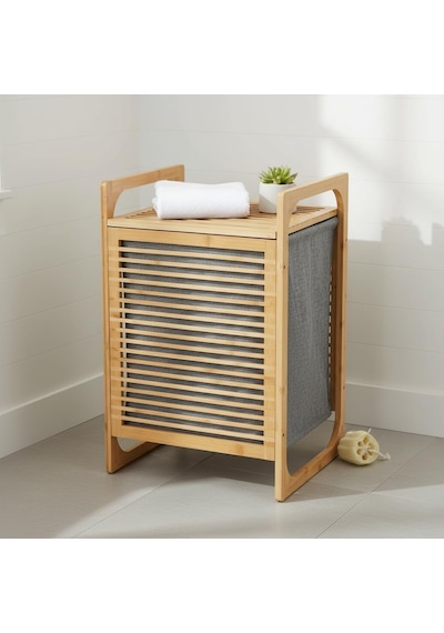 Deconox Doğal Bambu Çamaşır Sepeti 40x35x60 Cm - İçi Bezli, Kapaklı Ve Hasır Kulplu Ahşap Kirli Sepeti Diğer