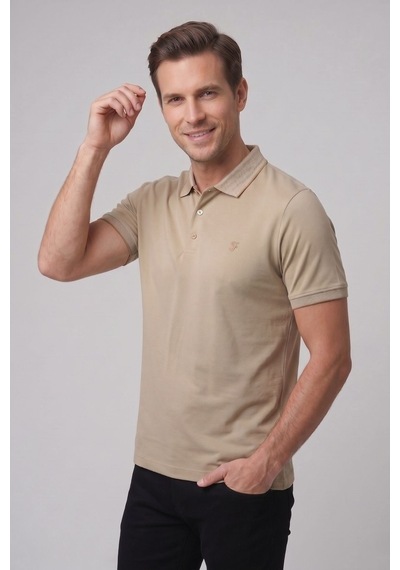 Efor Comfort Fit Rahat Kalıp Pamuk Kıvrılmaz Yaka Bej Polo Yaka Tişört Ts 931