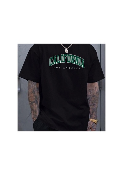 Caddemia Yaz Rahat Spor Gevşek Büyük California Mektup Baskılı Rahat Yuvarlak Boyun Siyah 2XL
