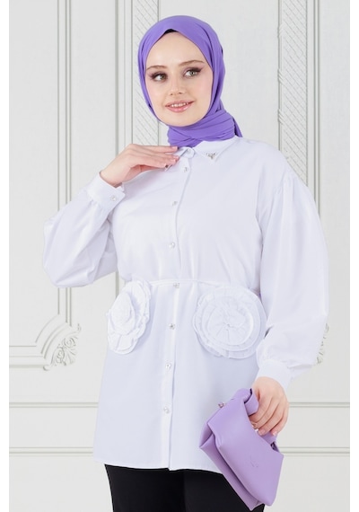 Sevitli Önü Gül Detaylı Tunik-beyaz-3632-beyaz Beyaz