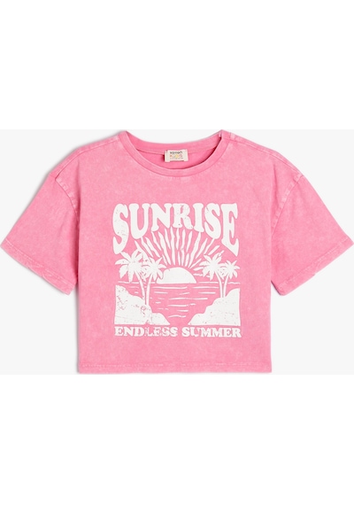 Koton Crop Tişört Tropik Baskılı Kısa Kollu Bisiklet Yaka Pamuklu Pembe 4skg10307ak Pembe