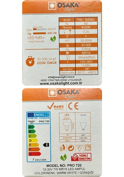 5 Adet Osaka 12volt 7w 50w Sarı 3000k Gu5.3 Duylu İğne Bacak Led Spot Ampul