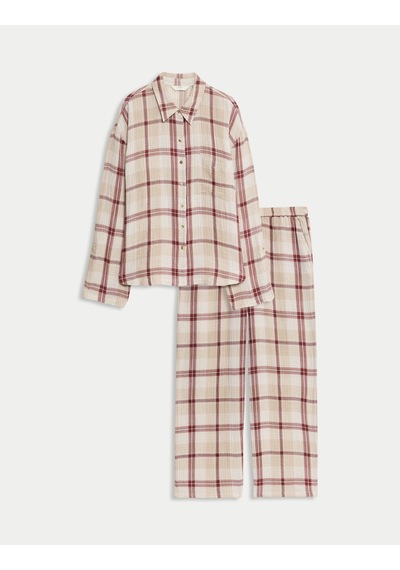Marks & Spencer Saf Pamuklu Kareli Pijama Takımı T37002179J Pembe