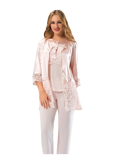 Sistina Bayan Pudra Penye Dantelli Sabahlık Pijama Takımı 1417 Pudra
