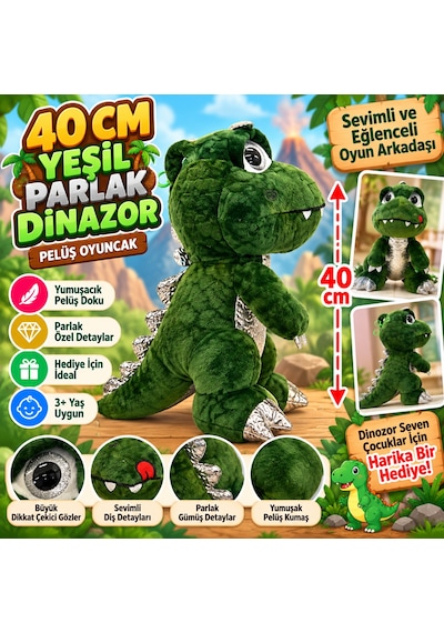 40 Cm Parlak Dinozor Peluş Oyuncak Sevimli Yumuşak Ve Eğlenceli Dinozor Yeşil