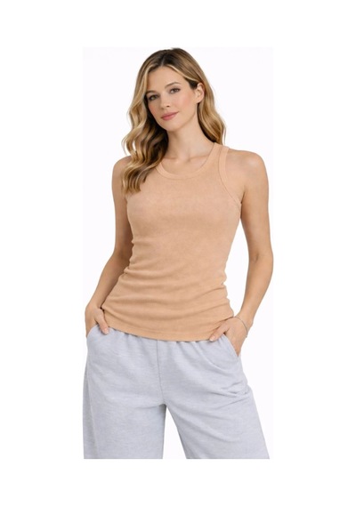 Mbb E-ticaret Kadın Fitilli Atlet Sıfır Yaka Slim Fit Arka Baskılı Spor Atlet - Bej