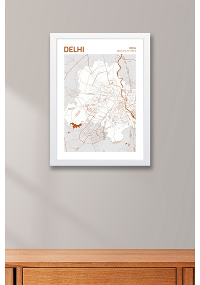 Delhi Hindistan India Haritası Çerçeveli Tablo Lüks Salon Ofis Duvar Dekorasyonu Hediyelik Tablo Beyaz