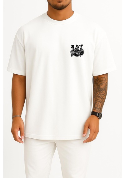 Bahriyeli Collection Oversize Effective Sat Cep Ve Sırt Baskılı Unisex T-shirt Beyaz