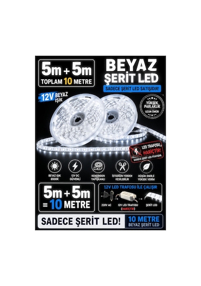 10 Mt Beyaz, Şerit Led Bantlı ,mutfak Dolabı Tezgah Aydınlatması Led 12v ,yapışkanlı Led Işık Trafo Hariç 5+5 Mt 2 Rulo 10mt Beyaz-6500k 10 Mt Beyaz, Şerit Led Bantlı ,mutfak Dolabı Tezgah Aydınlatması Led 12v ,yapışkanlı Led Işık Trafo Hariç 5+5 Mt 2 Rulo 10mt Beyaz-6500k