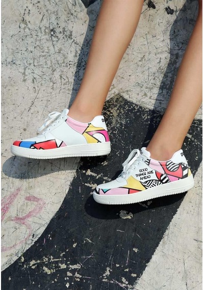 Kadın Vegan Deri Beyaz Sneakers - Painting İn Harmony Tasarım Çok Renkli