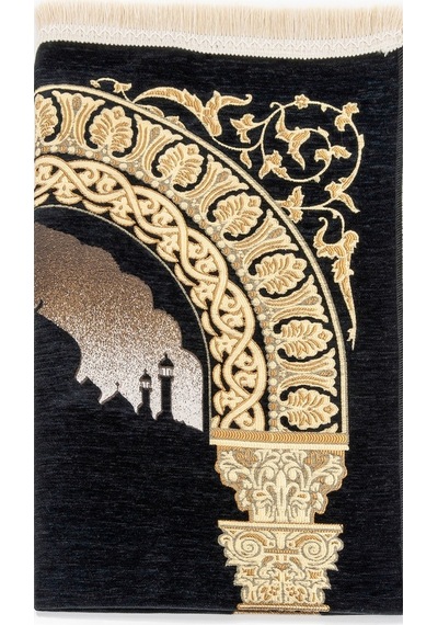 Taç Mahal Desenli Şönil Seccade - Siyah Renk