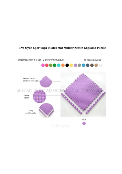 Damla Desen Tatami Eva Spor Yoga Pilates Oyun Matı Halısı Minderi Puzzle 50x50 13mm 8 Adet 100x200 Mor