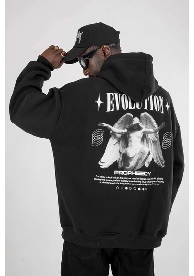 Startmore Evolution Baskılı Oversize Unisex Kapüşonlu Beyaz Siyah