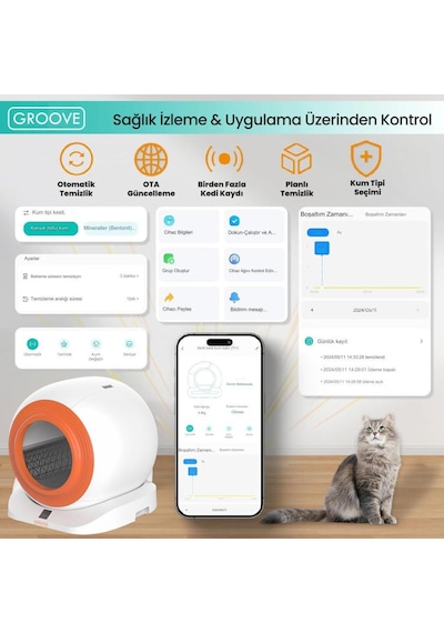 Groove Q-clean Wi-fi Otomatik Akıllı Kedi Tuvaleti Turuncu Ultra Sessiz+akıllı Sprey Koku Giderici+app Kontrol+akıllı Sensör
