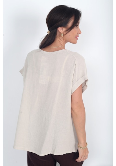 By Saygı Kadın İtalyan Cotton V Yaka Örgü Dantel Tek Cepli Oversize Keten Bluz Bej