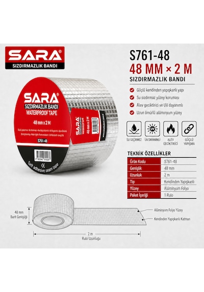 Sara S761-48 Sızdırmazlık Bandı 48 Mm X 2 M, Alüminyum Folyo Yüzeyli, Kendinden Yapışkanlı