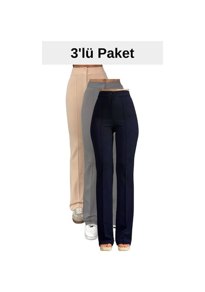 Thiff Gymwear Krep Kumaş Likralı Kadın Palazzo Pantolon 3'lü Set Bej-gri-lacivert
