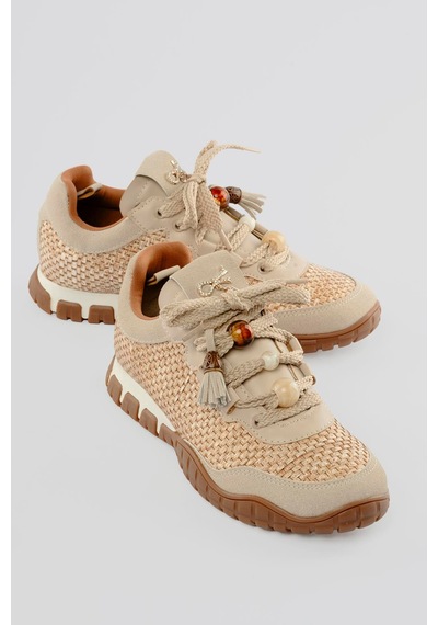 Mubiano Kadın Hasır Sneaker Süet Detaylı Boncuklu Calla Bej Bej