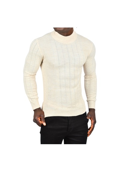 Deepsea Erkek Bej Yarım Balıkçı Yaka Çizgili Tüylenmeyen Slim Fit Triko Kazak 2505491 Bej