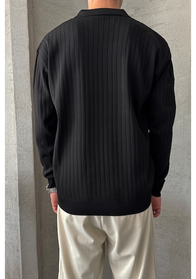 Erkek Polo Yaka Fitilli Oversize Triko Kazak Siyah