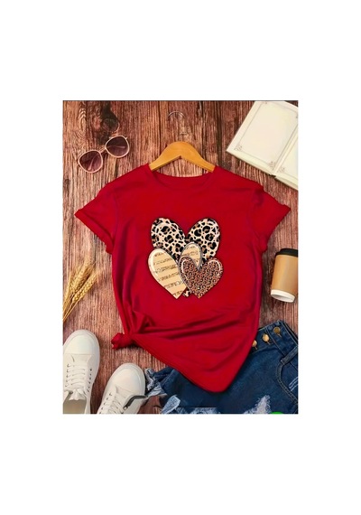 Medinenur İç İçe Kalpler Baskılı Basic T-shirt Kırmızı