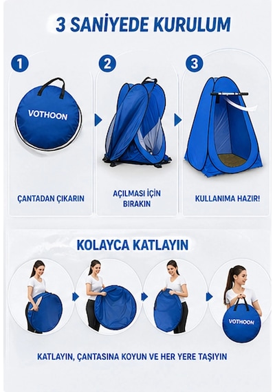 Otomatik Kabin Giyinme Çadırı 120x120x190 Cm Üst Havalandırma Yan Pencereli Duş & Wc Çadırı Mavi