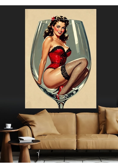 Şarap Kadehli Pin-up Kadın Dekoratif Kanvas - Mdf Ahşap Tablo