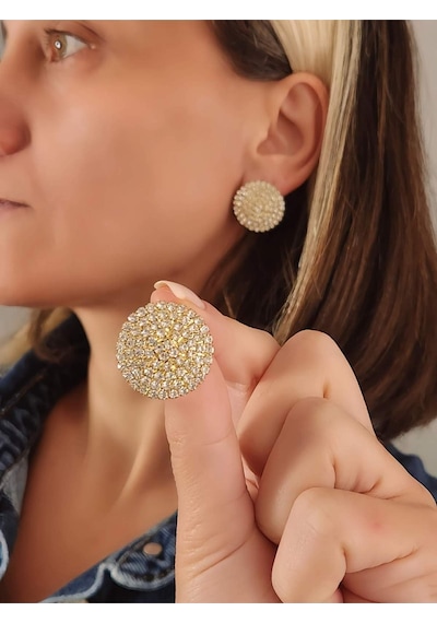Yuvarlak Model Abiye Altın Kaplama Gold Renkli Küpe Gold
