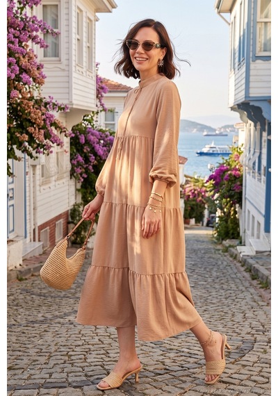 Lela Modest Regular Fit Dik Yaka Uzun Bayan Elbise 611El545 Camel