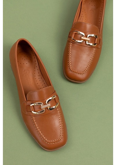 Gondol Hakiki Deri Kadın Köşeli Burun Loafer Esl.b06 Taba