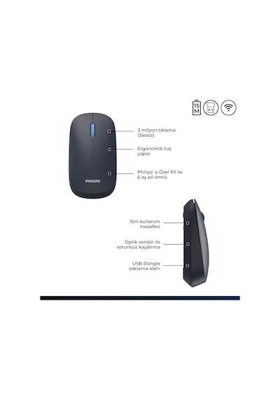 Philips SPK7438 Kablosuz 1600DPI 4 Tuşlu Optik Sessiz Mouse