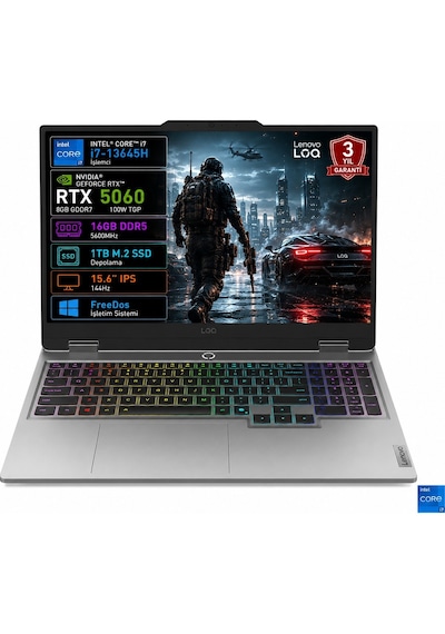 Lenovo Loq 15ırx10 83je01betr I7-13645hx 16gb 1tb Ssd Rtx5060 8gb Tgp 100w 15.6" Ips 144hz Freedos