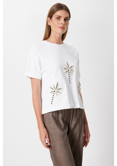 On Kadın Desenli Sıfır Yaka T-shirt 71362 Beyaz Beyaz
