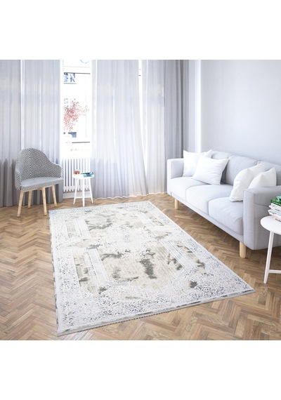 Nostalji Seri Çerçeveli Klasik Motifli Altı Kaymaz Makine Dokuma Halı 13511-839 Beyaz