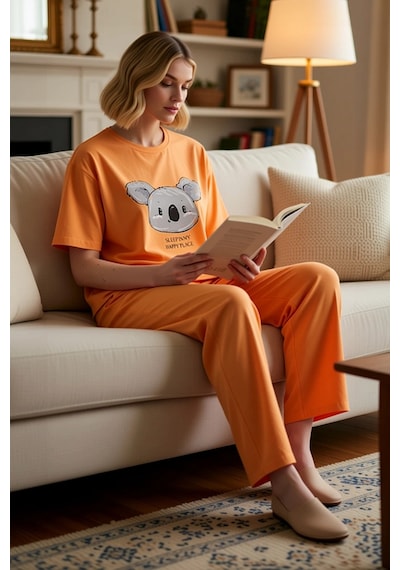 Benerly Kadın Bisiklet Yaka Standart Kol Regular Kalıp Pijama Takımı Fonk turuncu