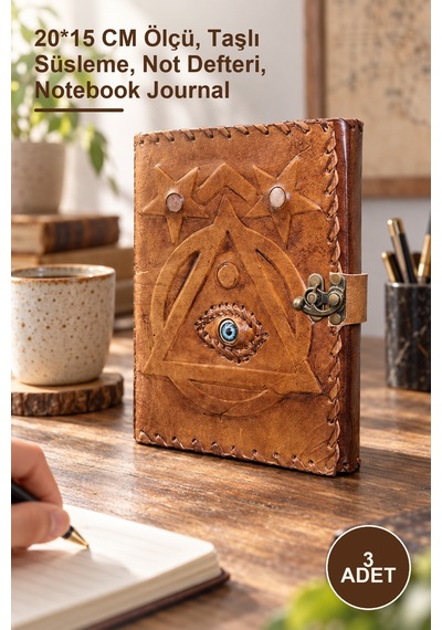 Anta 3 Adet Taşlı Deri Defter 20 15 Cm Ölçü, Taşlı Süsleme, Not Defteri, Notebook Journal Renk