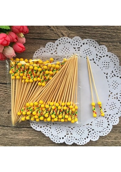 Bambu Kırmızı Örgülü Kürdan 12cm 100'lü , Sunum Kürdanı Sarı Diğer