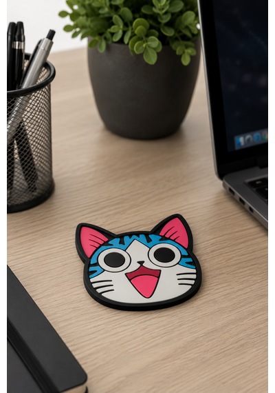 Kemboss Neşeli Mavi Kedi Bardak Altlığı 2'li Set - Pvc Kaydırmaz Bardak Altlığı Açık Mavi