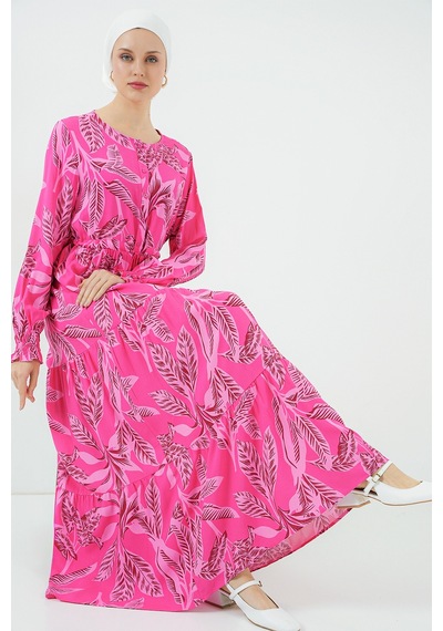 Bigdart 2145 Desenli Tesettür Elbise - Fuşya