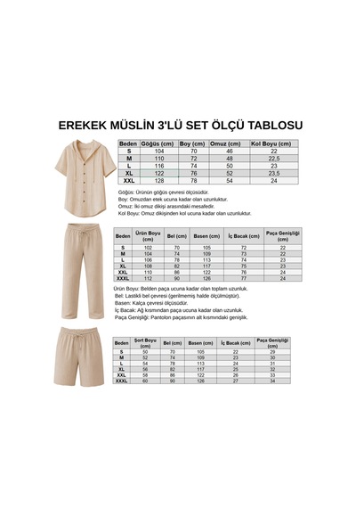 Erkek Müslin Kapşonlu 3'set Gömlek-şort-pantalon Bej