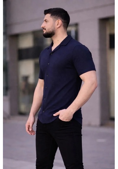 Etiler Collection Erkek Waffle Kumaş Kısa Kollu Düğmeli Açık Yaka Regular Fit Gömlek - Lacivert