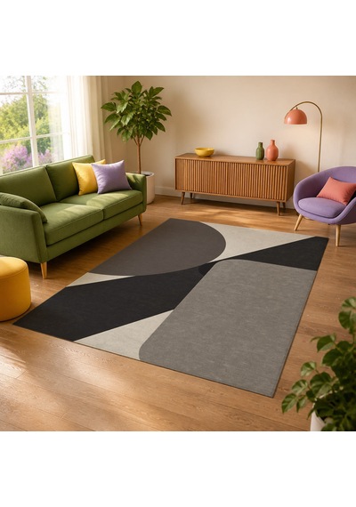 Kartela Halı Kesişim Geometrik Modern Halı Antrasit Kaymaz Taban Makinede Yıkanabilir 120x180 Cm