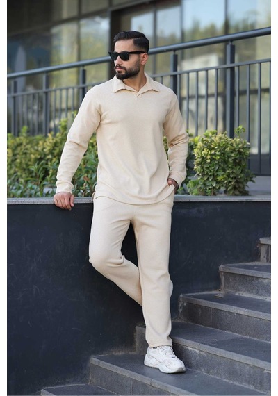 Mfz Giyim Petekli Alt Üst Pantolon Ve Patlı Yakalı Erkrk Sweat Takımı Bej