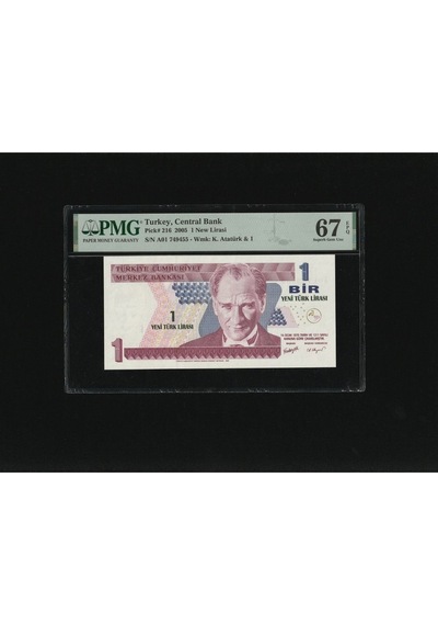 Bir Yeni Türk Lirası 1 Ytl P216 2005 Pmg 67 Epq Superb Gem Unc S/n A01 749455 8. Ems 1. Tertip
