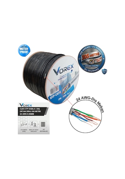 Vorex Cat6 Utp 305 Metre Zırhlı Dış Ortam Ethernet Ağ Kablosu - 24 Awg 0.50mm Outdoor Su Geçirmez Siyah