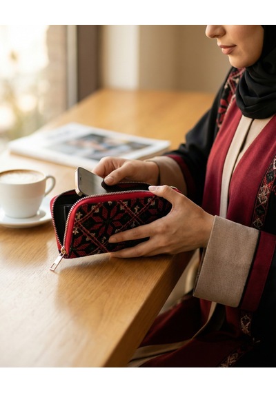 Zaytoon Filistin Geleneksel Renkli Kırmızı Nakışlı Tek Fermuarlı Kadın Büyük Cüzdeni 14x9 Cm A100030 Kırmızı