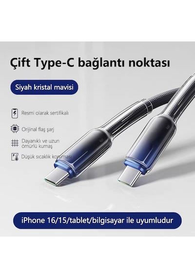 Siyah Nano Dokuma 65w Hızlı Şarj Kablosu 1 Metre Type C Bağlantı 100 Cm
