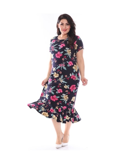 Lacivert Çiçekli Büyük Beden Elbise 29B-0957 Lacivert