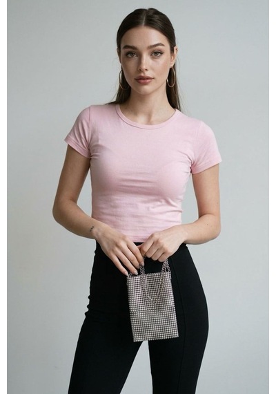 Seeh Pembe Basic Kadın Tişört / Vücuda Oturan Kesim Sh373